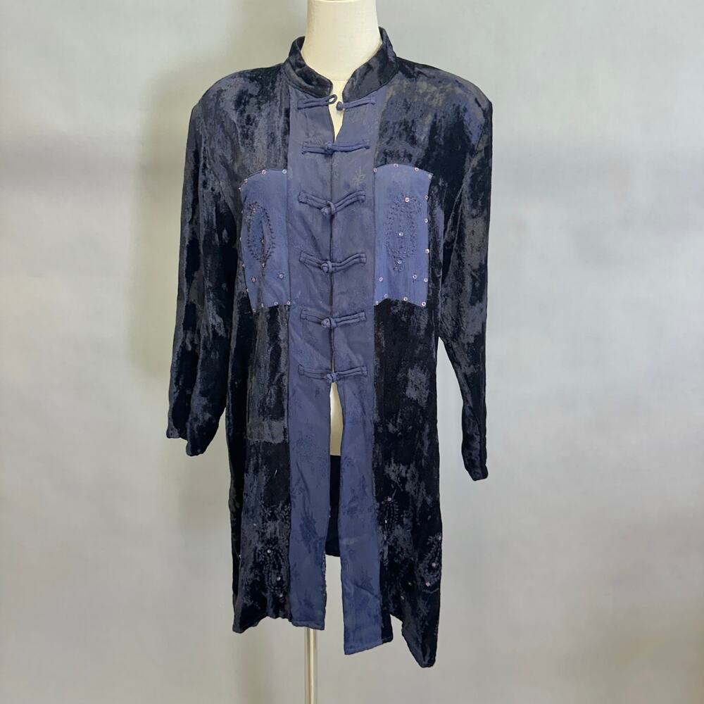 Lolette navy‎ Rayon velour & jacquard mandarin collar tunic top size Large artsy